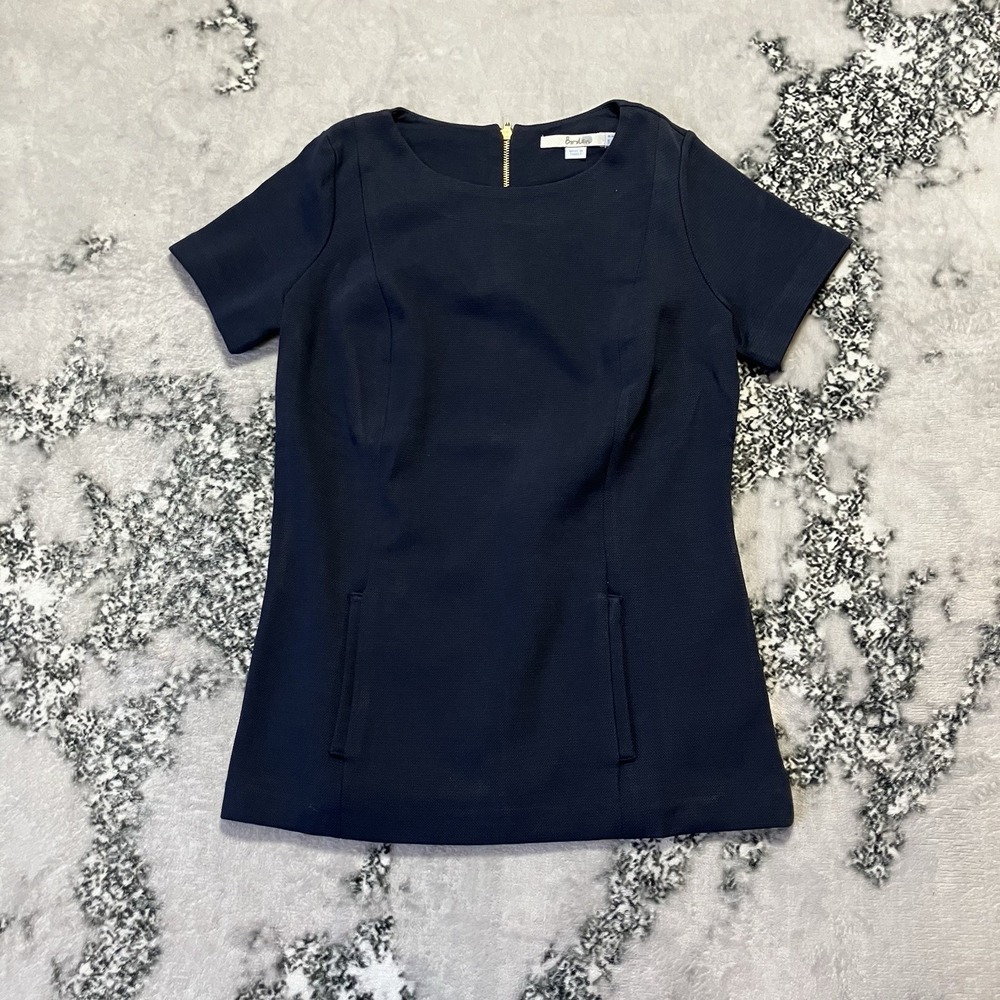 Boden Shirt Womens Size 4 Navy Blue Short Sleeve Zip Back Cotton Blend